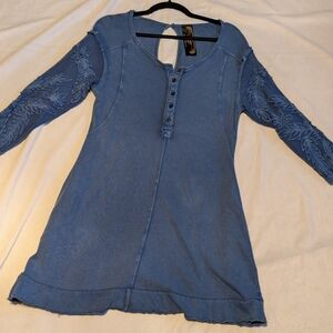Free People New Romantics Sheer Embroidered Sleeves Henley Mini Dress Size XS